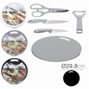 SET TIJERAS + PELADOR + 2 CUCHILLOS + TABLA DE CORTE CIRCULAR