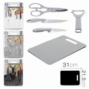 SET TIJERAS + PELADOR + 2 CUCHILLOS + TABLA DE CORTE