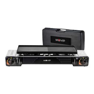 COCINA DE GAS PORTATIL DOBLE BOMBONA ACERO + PLANCHA + MALETIN MUVIP