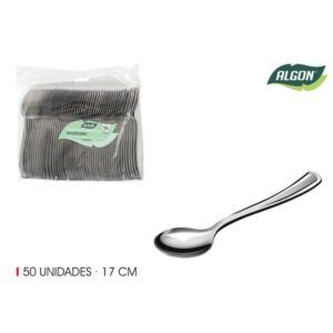 SET 50 CUCHARAS 17CM PLASTICO REUTILIZABLE PLATA ALGON