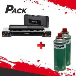 COCINA DE GAS DOBLE BOMBONA ACERO + PLANCHA + MALETIN + 2 CARTUCHOS GAS