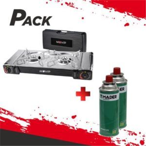 COCINA DE GAS PORTATIL DOBLE BOMBONA ACERO + 2 CARTUCHOS DE GAS