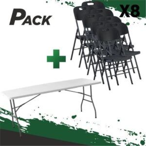 MESA DE RESINA PLEGABLE 180X70X74CM + 8 SILLAS RESINA PLEGABLE PRO 44X53X83