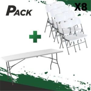MESA DE RESINA PLEGABLE 180X70X74CM + 8 SILLAS RESINA PLEGABLE PRO 44X53X83