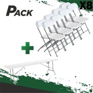 MESA DE RESINA PLEGABLE 240X74X74CM + 8 SILLAS RESINA PLEGABLE 80X50X45CM