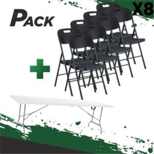 MESA DE RESINA PLEGABLE 240X74X74CM + 8 SILLAS RESINA PLEGABLE PRO 44X53X83
