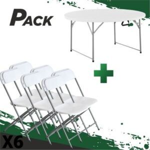 MESA DE RESINA REDONDA PLEGABLE 160X74 + 6 SILLAS RESINA PLEGABLE 80X50X45