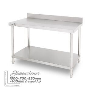 MESA DE TRABAJO ACERO INOXIDABLE 150X70X85CM CON RESPALDO CHEF PRO