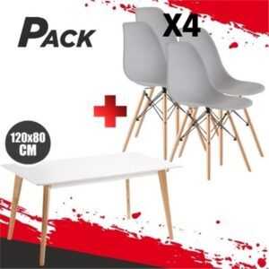 MESA DESIGN D900 120X80CM BLANCA + 4 SILLAS DESIGN D100 GRISES MUVIP
