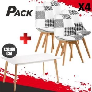 MESA DESIGN D900 120X80CM BLANCA + 4 SILLAS DESIGN D400 TELA PATCHWORK