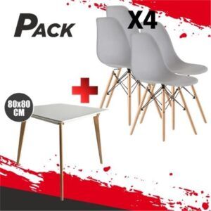 MESA DESIGN D900 80X80CM BLANCA + 4 SILLAS DESIGN D100 GRISES MUVIP