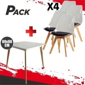 MESA DESIGN D900 80X80CM BLANCA + 4 SILLAS DESIGN D1000 TRANS+NEGRO
