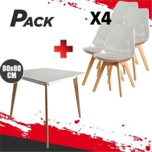 MESA DESIGN D900 80X80CM BLANCA + 4 SILLAS DESIGN D1000 TRANSPARENTES