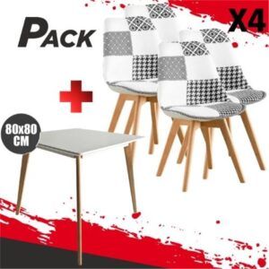 MESA DESIGN D900 80X80CM BLANCA + 4 SILLAS DESIGN D400 TELA PATCHWORK