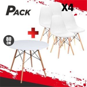 MESA REDONDA DESIGN D500 80CM BLANCA + 4 SILLAS DESIGN D100 BLANCAS MUVIP
