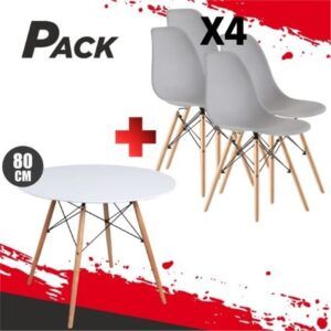 MESA REDONDA DESIGN D500 80CM BLANCA + 4 SILLAS DESIGN D100 GRISES MUVIP