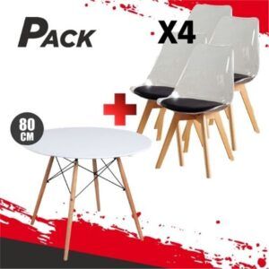 MESA REDONDA DESIGN D500 80CM BLANCA + 4 SILLAS DESIGN D1000 TRANS+NEGRO