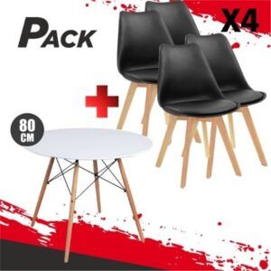MESA REDONDA DESIGN D500 80CM BLANCA + 4 SILLAS DESIGN D200 NEGRAS