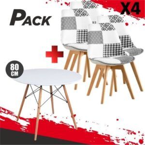 MESA REDONDA DESIGN D500 80CM BLANCA + 4 SILLAS DESIGN D400 TELA PATCHWORK
