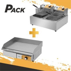 PLANCHA PROFESIONAL SUPERFICIE LISA 3000W + FREIDORA PROFESIONAL DOBLE 9+9L